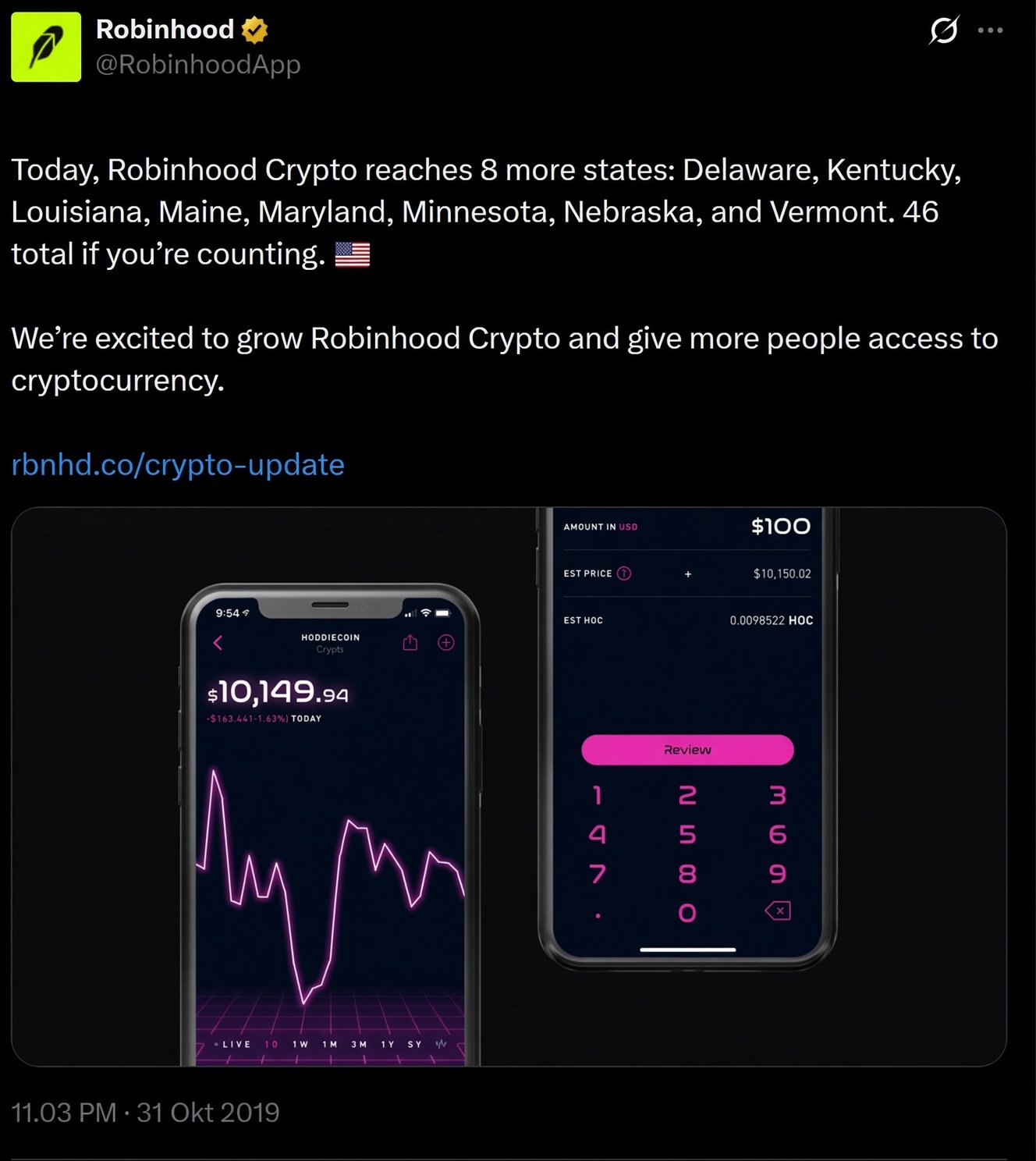 Robinhood Crypto tweet from October 31, 2019